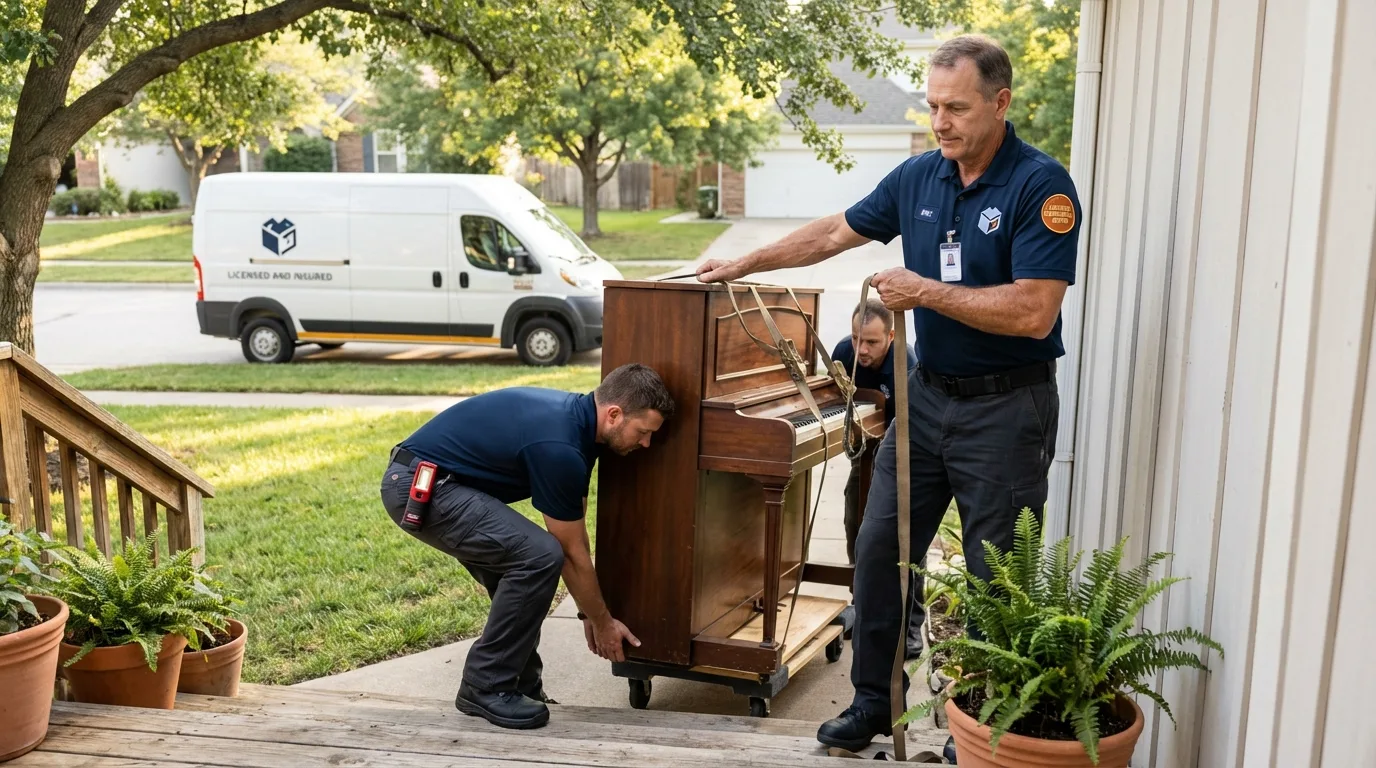 Licensed piano movers securing grand piano in Mescalero, NM