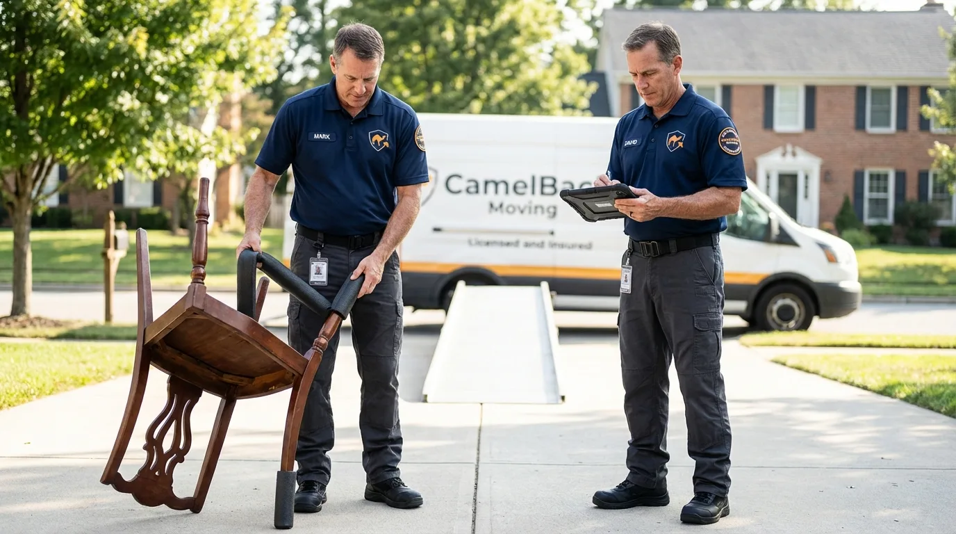 Movers inspecting furniture for damage prevention before loading in Mescalero, NM