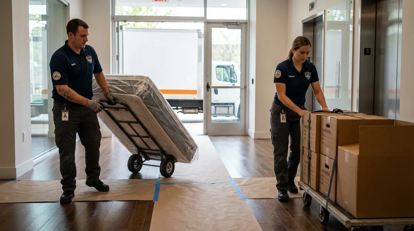 Professional apartment movers loading elevator in Mescalero, NM