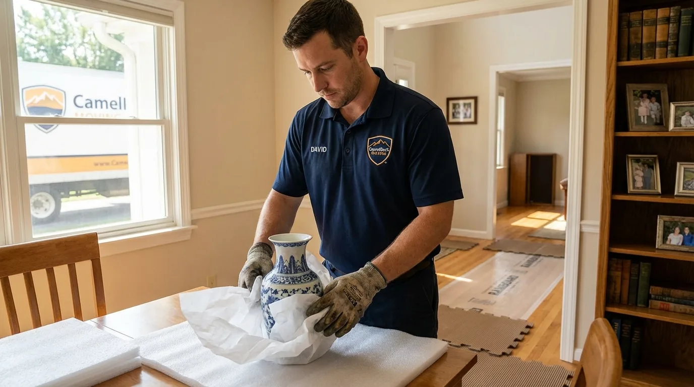 Professional crew carefully wrapping antique vase for senior downsizing move in Mescalero, NM