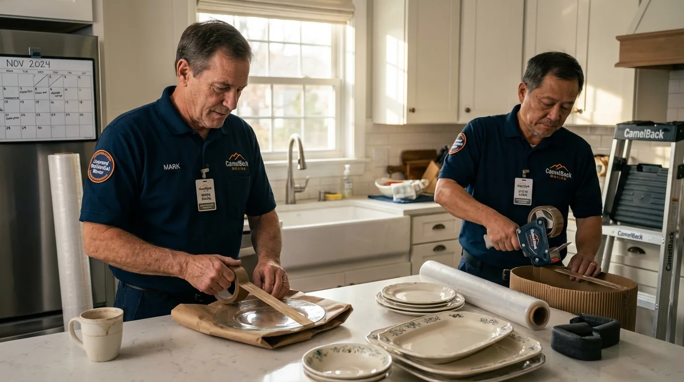 Professional crew packing kitchen dishware in Mescalero, NM